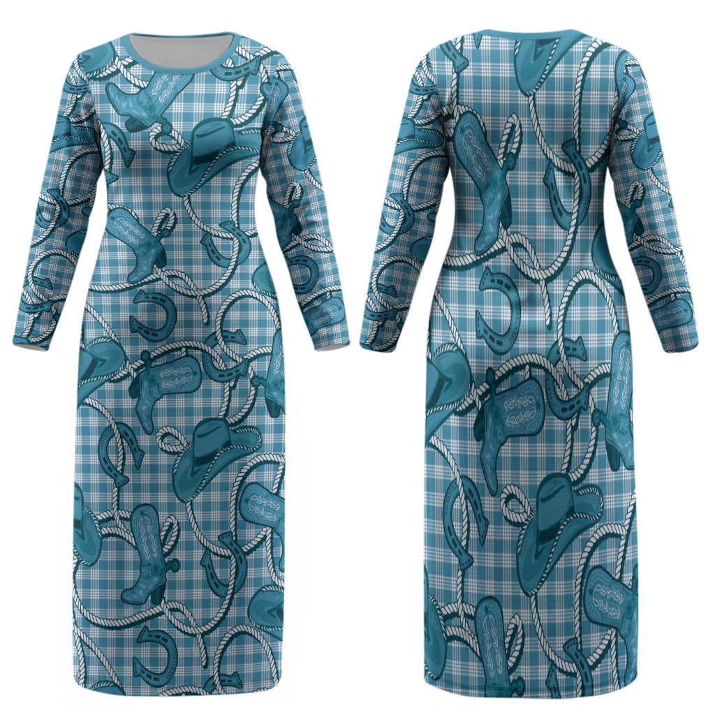 Blue Hawaii Palaka Cowboy Family Matching Long Sleeve Bodycon Dress and Hawaiian Shirt Hawaiian Paniolo Festival Spirit LT19 Mom's Dress Blue - Polynesian Pride
