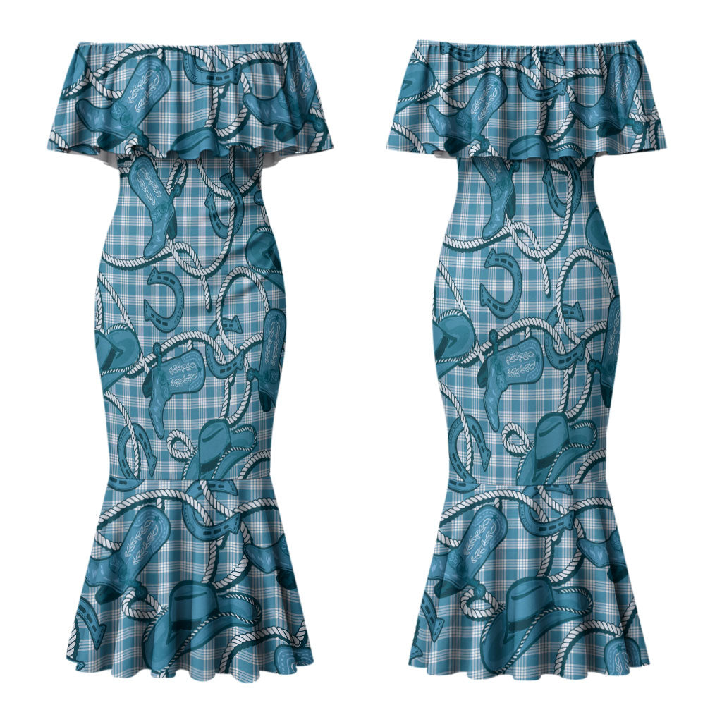 Blue Hawaii Palaka Cowboy Family Matching Mermaid Dress and Hawaiian Shirt Hawaiian Paniolo Festival Spirit LT19 Mom's Dress Blue - Polynesian Pride