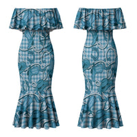 Blue Hawaii Palaka Cowboy Family Matching Mermaid Dress and Hawaiian Shirt Hawaiian Paniolo Festival Spirit LT19 Mom's Dress Blue - Polynesian Pride