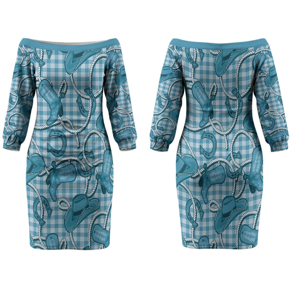 Blue Hawaii Palaka Cowboy Family Matching Off The Shoulder Long Sleeve Dress and Hawaiian Shirt Hawaiian Paniolo Festival Spirit LT19 Mom's Dress Blue - Polynesian Pride