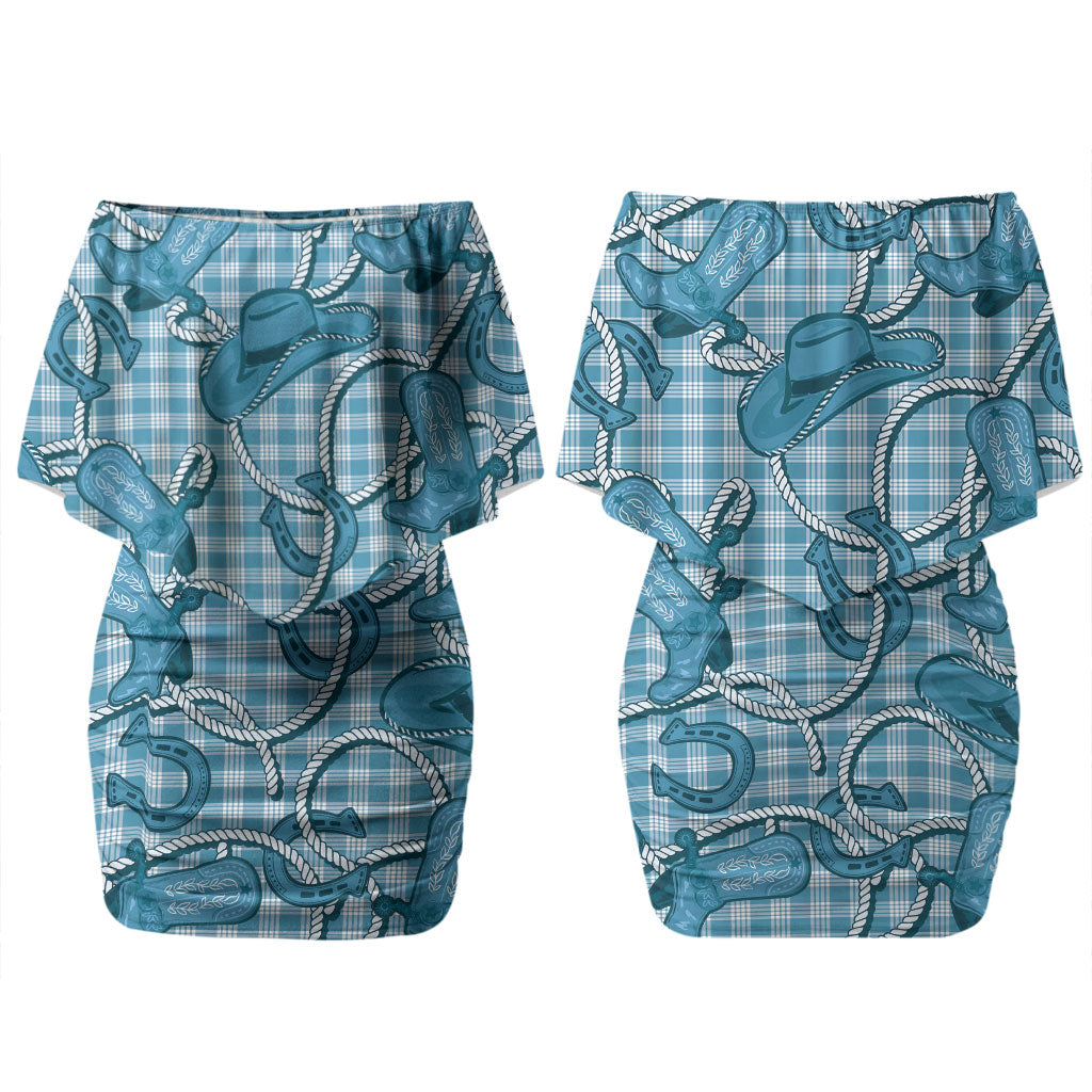 Blue Hawaii Palaka Cowboy Family Matching Off Shoulder Short Dress and Hawaiian Shirt Hawaiian Paniolo Festival Spirit LT19 Mom's Dress Blue - Polynesian Pride