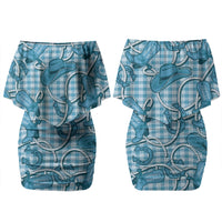 Blue Hawaii Palaka Cowboy Family Matching Off Shoulder Short Dress and Hawaiian Shirt Hawaiian Paniolo Festival Spirit LT19 Mom's Dress Blue - Polynesian Pride