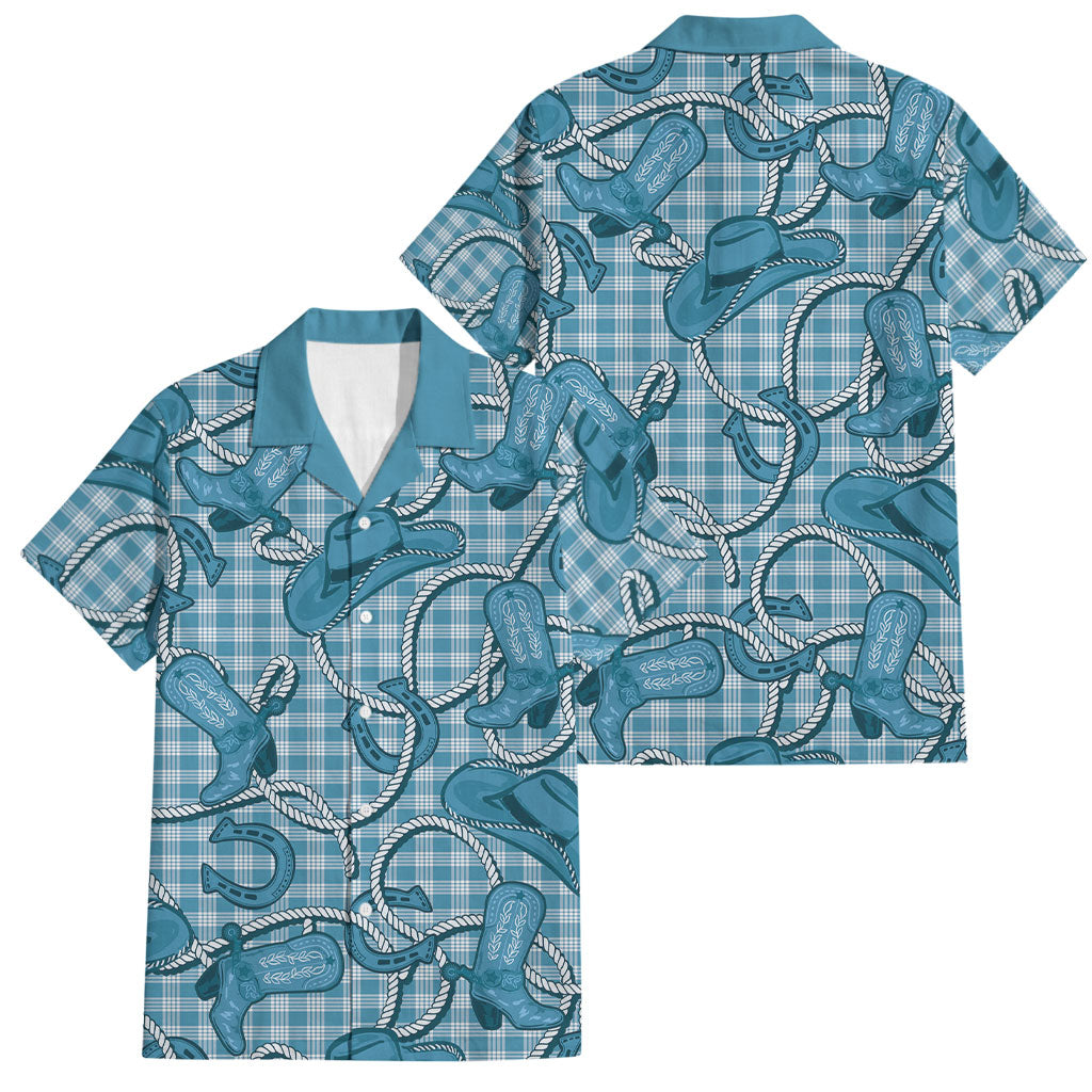 Blue Hawaii Palaka Cowboy Family Matching Off Shoulder Short Dress and Hawaiian Shirt Hawaiian Paniolo Festival Spirit LT19 Dad's Shirt - Short Sleeve Blue - Polynesian Pride