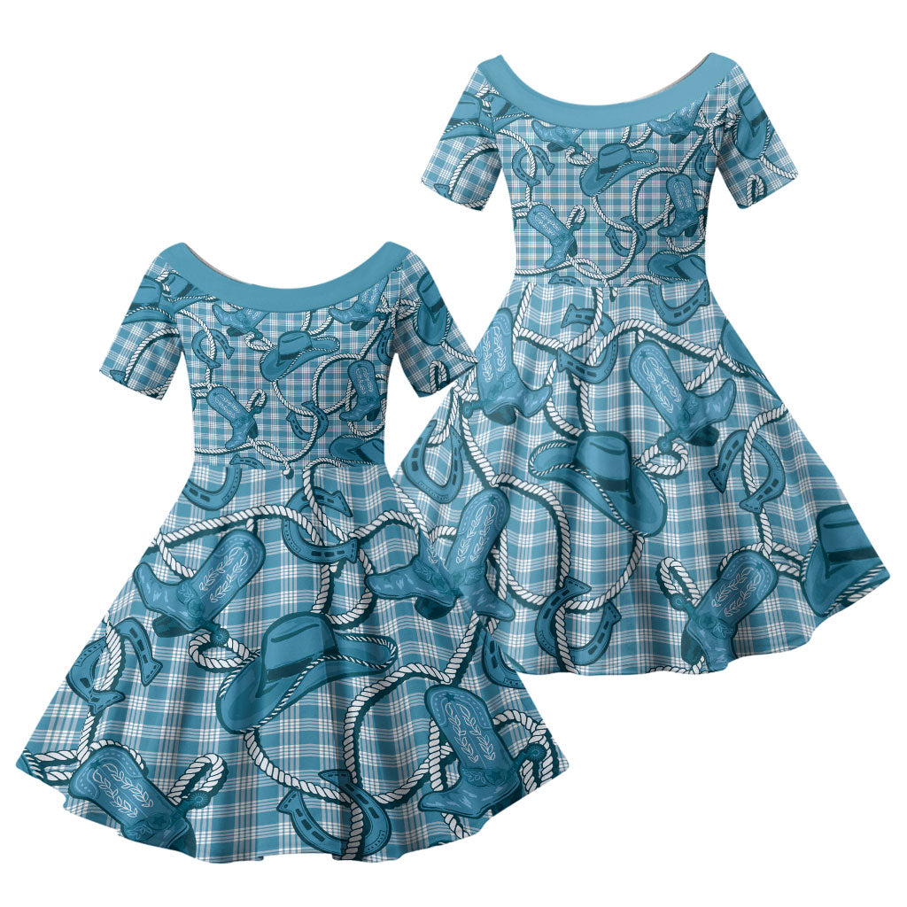 Blue Hawaii Palaka Cowboy Family Matching Off Shoulder Short Dress and Hawaiian Shirt Hawaiian Paniolo Festival Spirit LT19 Daughter's Dress Blue - Polynesian Pride