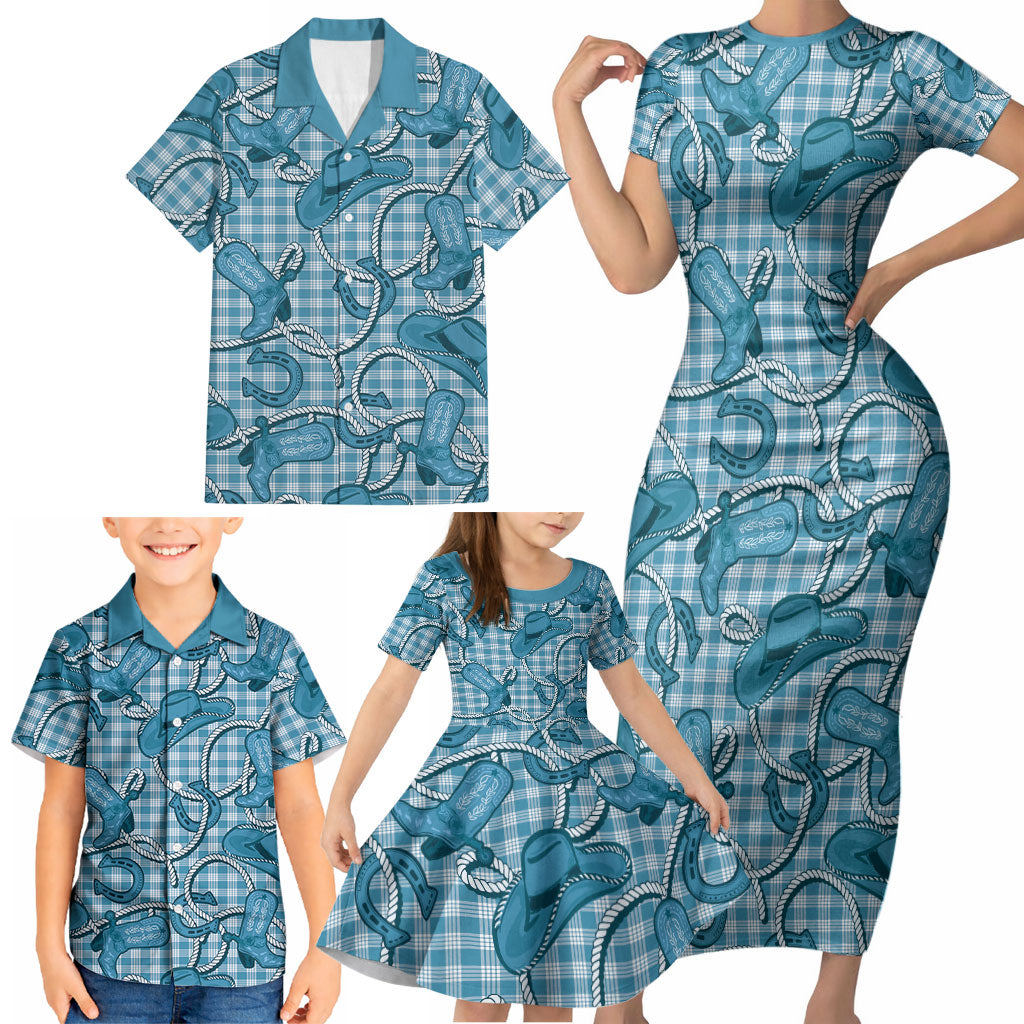 Blue Hawaii Palaka Cowboy Family Matching Short Sleeve Bodycon Dress and Hawaiian Shirt Hawaiian Paniolo Festival Spirit LT19 - Polynesian Pride