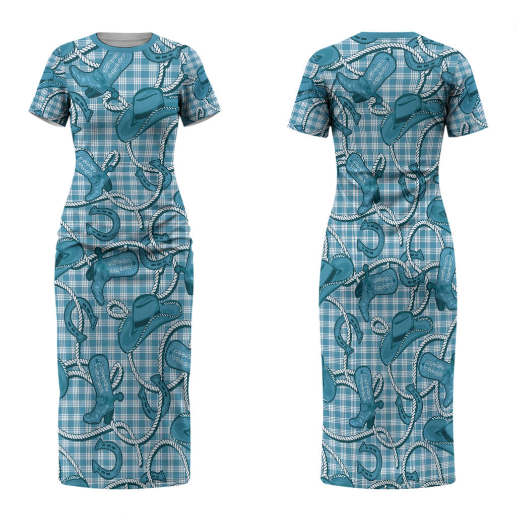 Blue Hawaii Palaka Cowboy Family Matching Short Sleeve Bodycon Dress and Hawaiian Shirt Hawaiian Paniolo Festival Spirit LT19 Mom's Dress Blue - Polynesian Pride