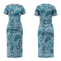 Blue Hawaii Palaka Cowboy Family Matching Short Sleeve Bodycon Dress and Hawaiian Shirt Hawaiian Paniolo Festival Spirit LT19 Mom's Dress Blue - Polynesian Pride