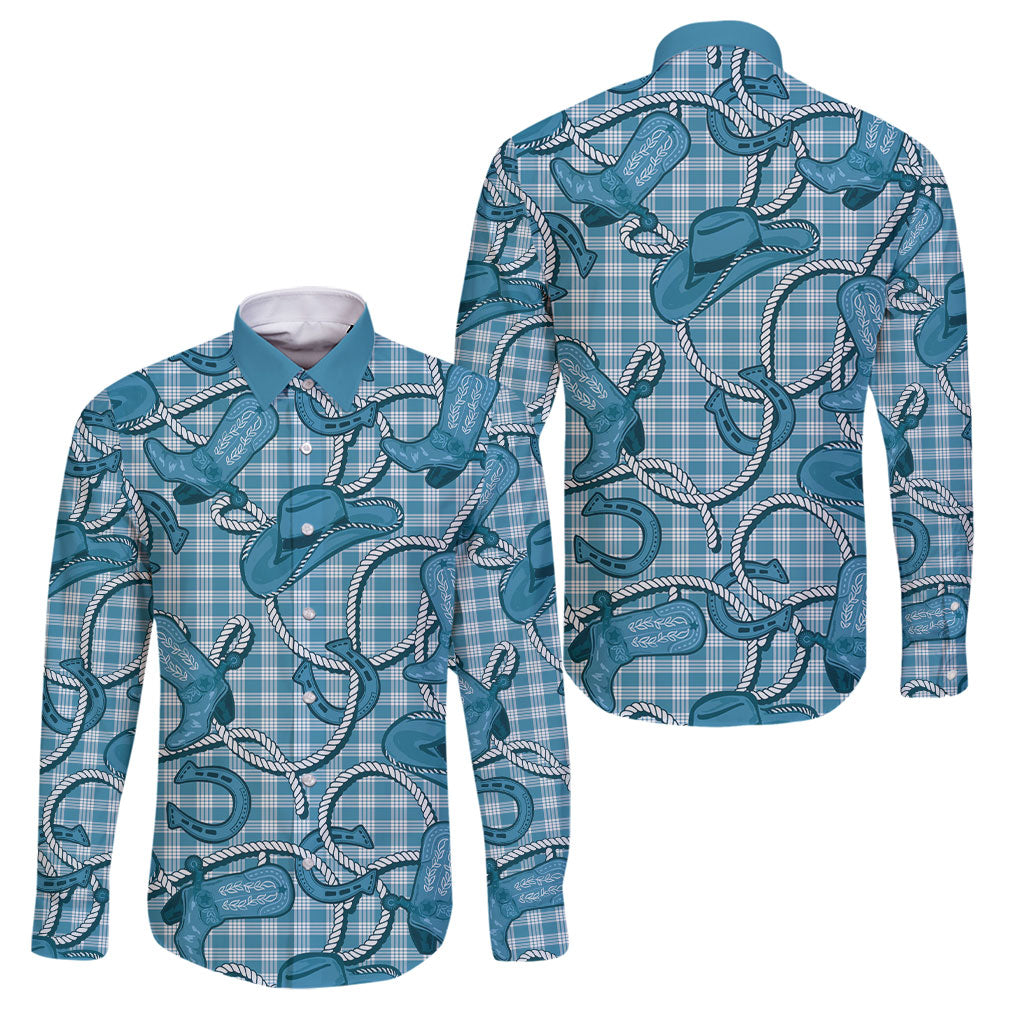Blue Hawaii Palaka Cowboy Family Matching Short Sleeve Bodycon Dress and Hawaiian Shirt Hawaiian Paniolo Festival Spirit LT19 Dad's Shirt - Long Sleeve Blue - Polynesian Pride