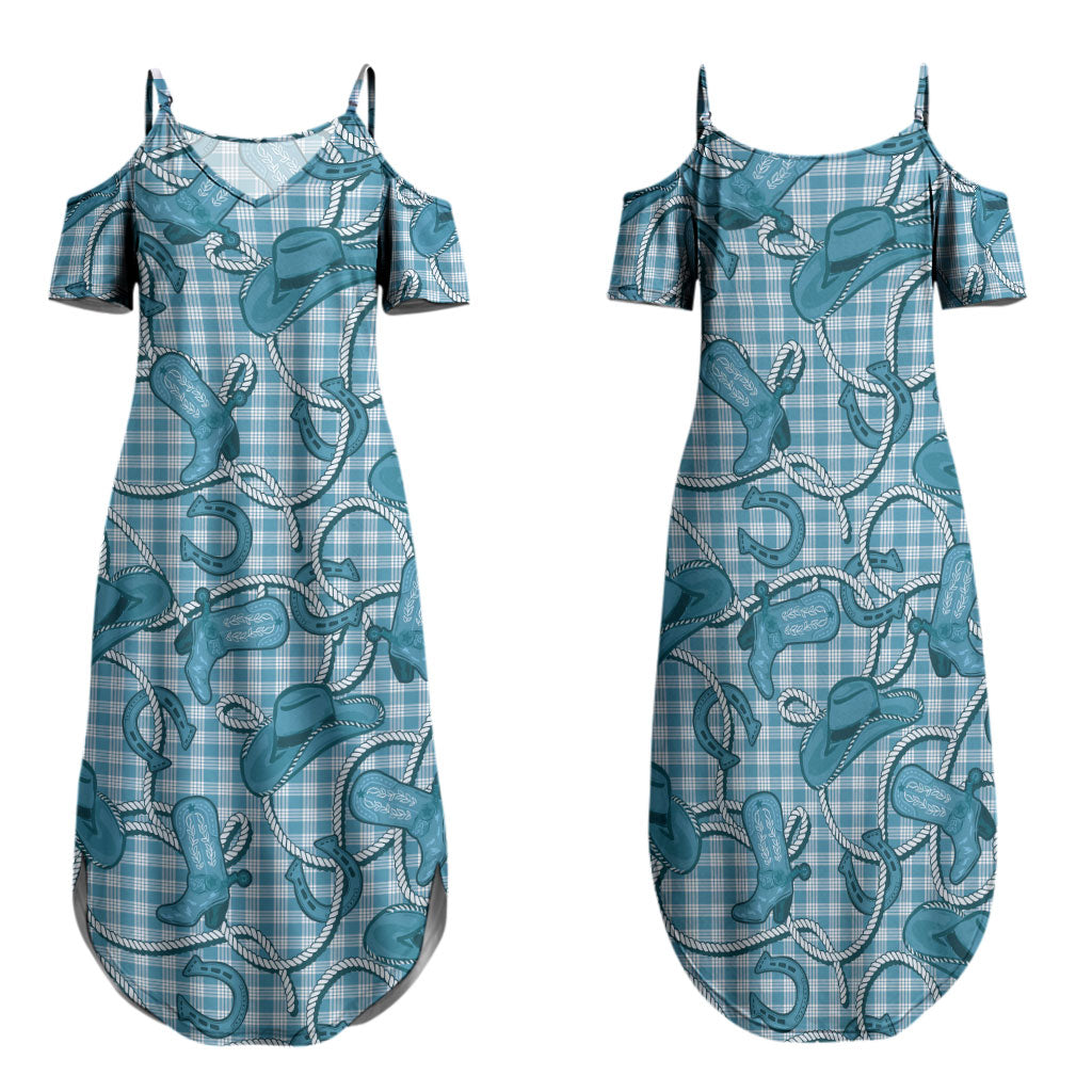 Blue Hawaii Palaka Cowboy Family Matching Summer Maxi Dress and Hawaiian Shirt Hawaiian Paniolo Festival Spirit LT19 Mom's Dress Blue - Polynesian Pride