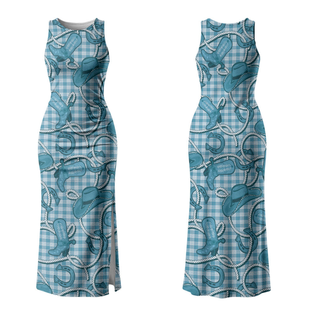 Blue Hawaii Palaka Cowboy Family Matching Tank Maxi Dress and Hawaiian Shirt Hawaiian Paniolo Festival Spirit LT19 Mom's Dress Blue - Polynesian Pride