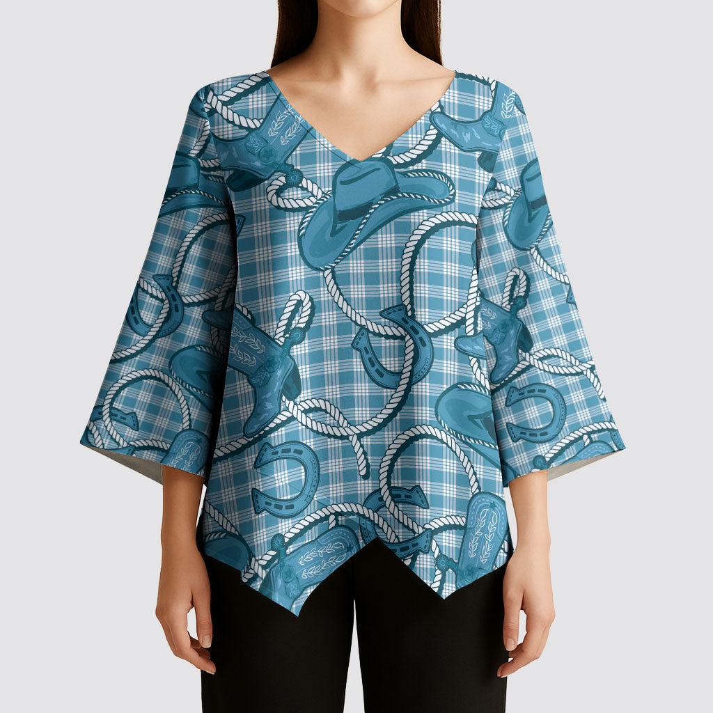 Blue Hawaii Palaka Cowboy Kimono Sleeve Blouse Hawaiian Paniolo Festival Spirit LT19 - Polynesian Pride