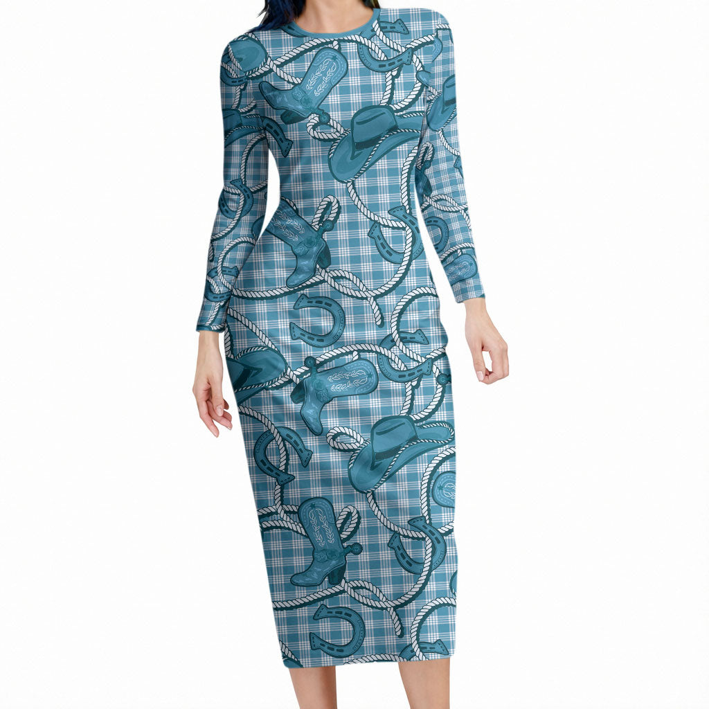 Blue Hawaii Palaka Cowboy Long Sleeve Bodycon Dress Hawaiian Paniolo Festival Spirit LT19 Long Dress Blue - Polynesian Pride