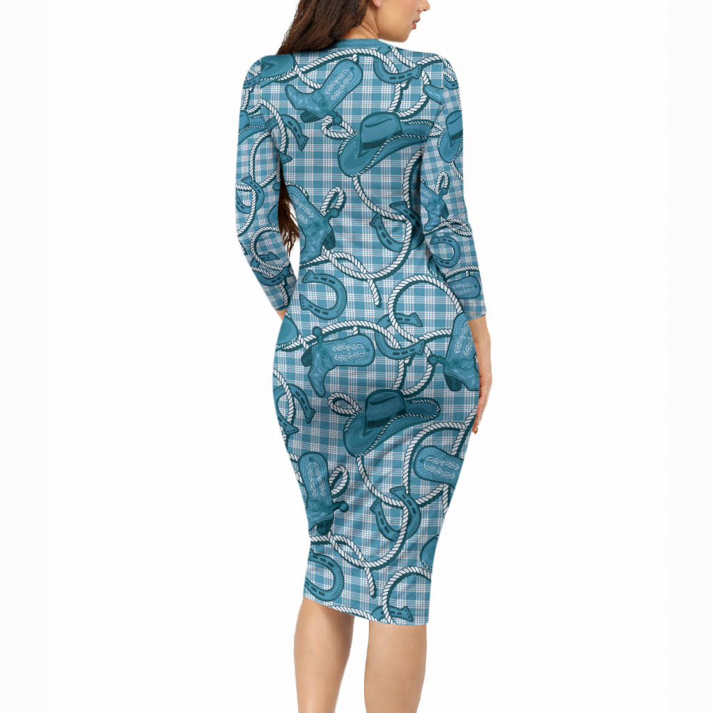 Blue Hawaii Palaka Cowboy Long Sleeve Bodycon Dress Hawaiian Paniolo Festival Spirit LT19 - Polynesian Pride