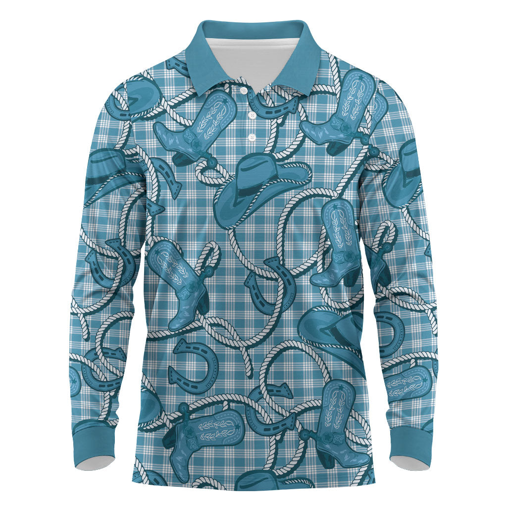Blue Hawaii Palaka Cowboy Long Sleeve Polo Shirt Hawaiian Paniolo Festival Spirit LT19 Blue - Polynesian Pride