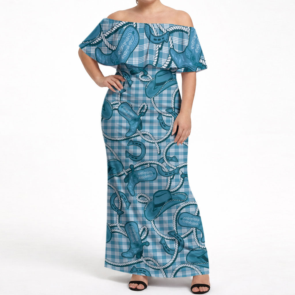 Blue Hawaii Palaka Cowboy Off Shoulder Maxi Dress Hawaiian Paniolo Festival Spirit LT19 Women Blue - Polynesian Pride