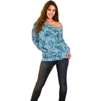Blue Hawaii Palaka Cowboy Off Shoulder Sweater Hawaiian Paniolo Festival Spirit LT19 - Polynesian Pride