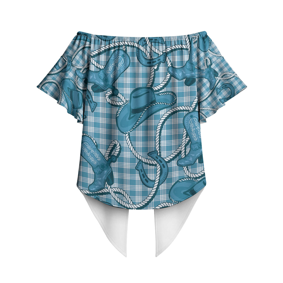 Blue Hawaii Palaka Cowboy Off Shoulder Wrap Waist Top Hawaiian Paniolo Festival Spirit LT19 - Polynesian Pride