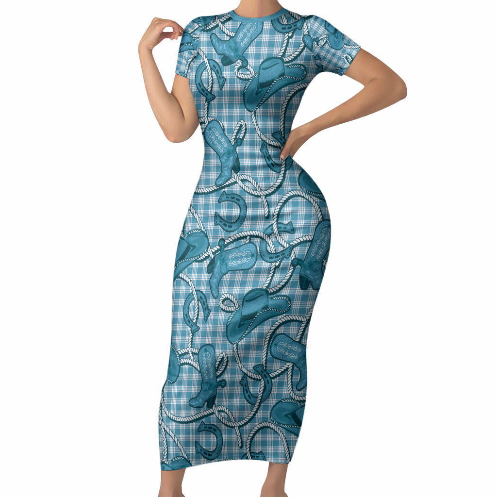 Blue Hawaii Palaka Cowboy Short Sleeve Bodycon Dress Hawaiian Paniolo Festival Spirit LT19 Long Dress Blue - Polynesian Pride