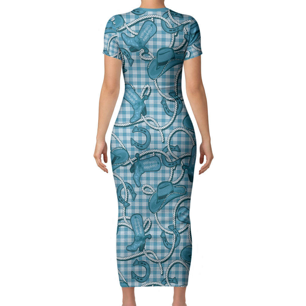 Blue Hawaii Palaka Cowboy Short Sleeve Bodycon Dress Hawaiian Paniolo Festival Spirit LT19 - Polynesian Pride