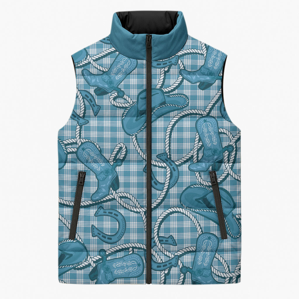 Blue Hawaii Palaka Cowboy Sleeveless Puffer Jacket Hawaiian Paniolo Festival Spirit LT19 Unisex Blue - Polynesian Pride