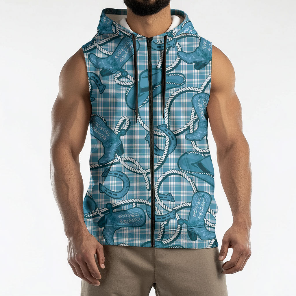Blue Hawaii Palaka Cowboy Sleeveless Zip Hoodie Hawaiian Paniolo Festival Spirit LT19 - Polynesian Pride