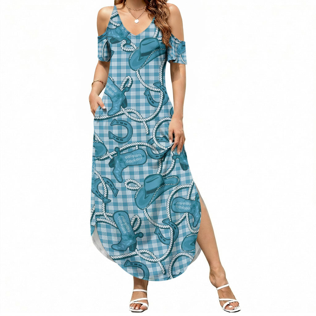 Blue Hawaii Palaka Cowboy Summer Maxi Dress Hawaiian Paniolo Festival Spirit LT19 Women Blue - Polynesian Pride