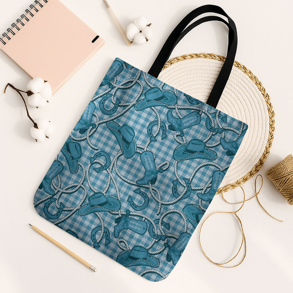 Blue Hawaii Palaka Cowboy Tote Bag Hawaiian Paniolo Festival Spirit LT19 Black Strap One Size Blue - Polynesian Pride