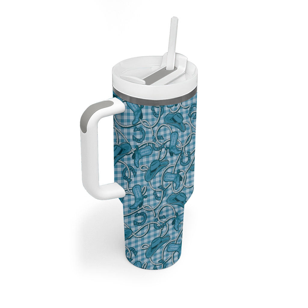 Blue Hawaii Palaka Cowboy Tumbler With Handle Hawaiian Paniolo Festival Spirit LT19 - Polynesian Pride
