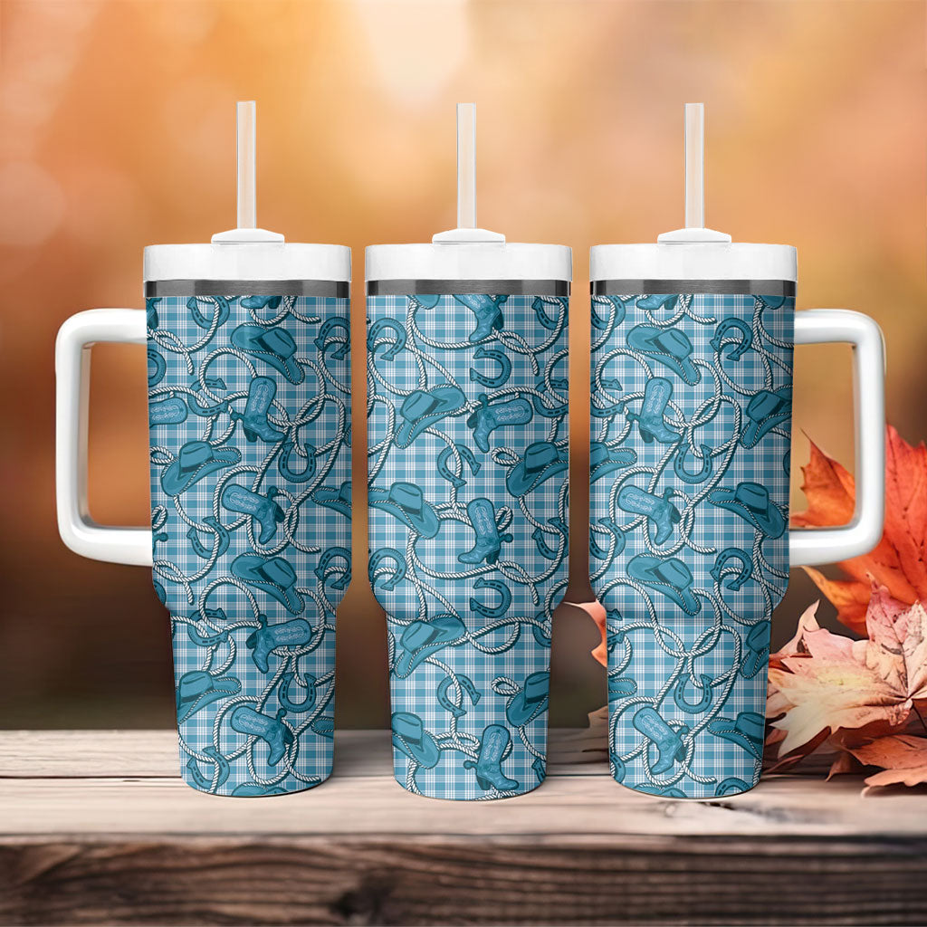 Blue Hawaii Palaka Cowboy Tumbler With Handle Hawaiian Paniolo Festival Spirit LT19 - Polynesian Pride