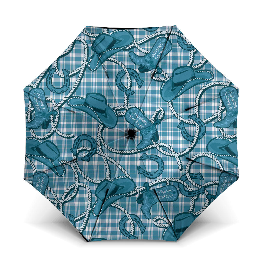 Blue Hawaii Palaka Cowboy Umbrella Hawaiian Paniolo Festival Spirit LT19 One Size Folded 11.42 inch Opened Diameter 37.4 inch Blue - Polynesian Pride
