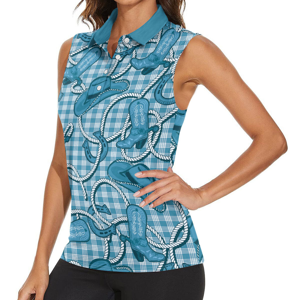 Blue Hawaii Palaka Cowboy Women Sleeveless Polo Shirt Hawaiian Paniolo Festival Spirit LT19 - Polynesian Pride