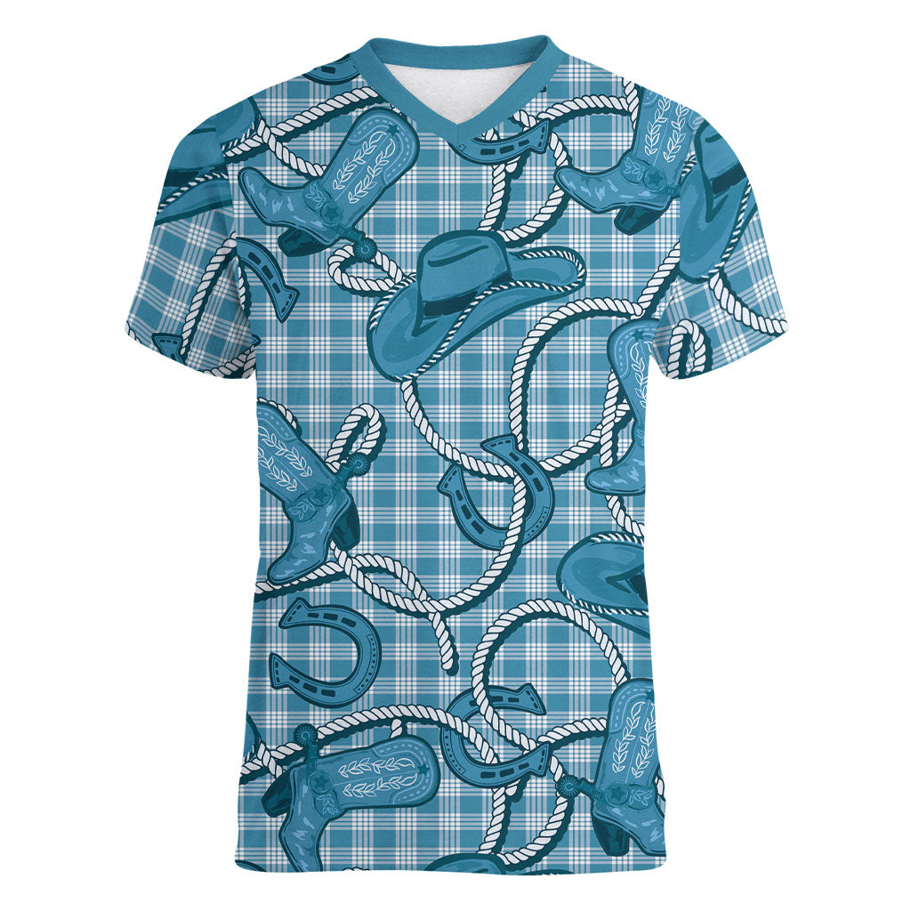 Blue Hawaii Palaka Cowboy Women V-Neck T-Shirt Hawaiian Paniolo Festival Spirit LT19 Female Blue - Polynesian Pride