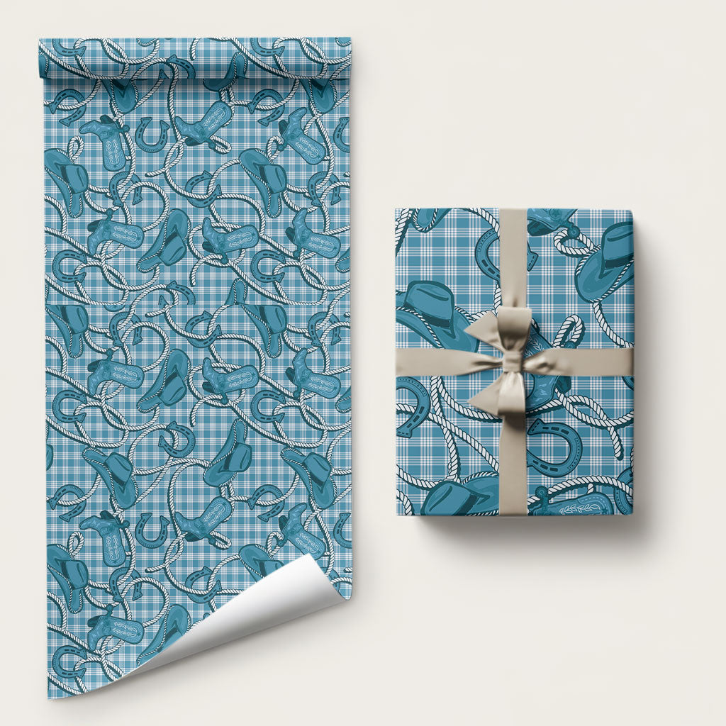 Blue Hawaii Palaka Cowboy Wrapping Paper Hawaiian Paniolo Festival Spirit LT19 58" × 23" Blue - Polynesian Pride