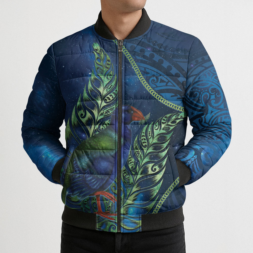 New Zealand Takahe Personalised Bomber Puffer Jacket Silver Fern Galaxy Polynesian Pattern
