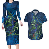 New Zealand Takahe Personalised Couples Matching Long Sleeve Bodycon Dress and Hawaiian Shirt Silver Fern Galaxy Polynesian Pattern