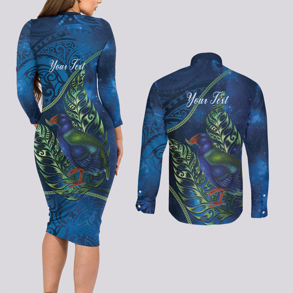 New Zealand Takahe Personalised Couples Matching Long Sleeve Bodycon Dress and Long Sleeve Button Shirt Silver Fern Galaxy Polynesian Pattern