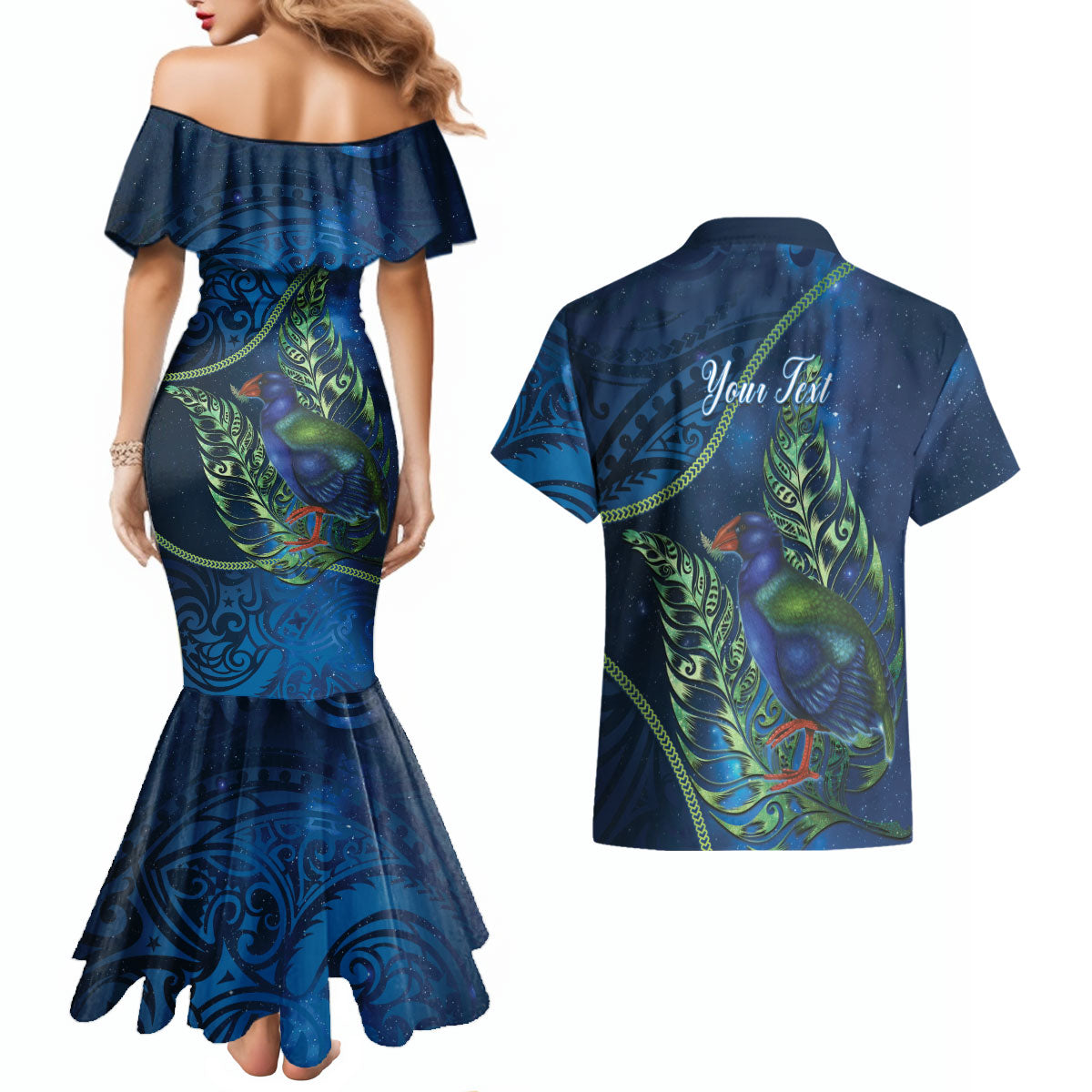 New Zealand Takahe Personalised Couples Matching Mermaid Dress and Hawaiian Shirt Silver Fern Galaxy Polynesian Pattern