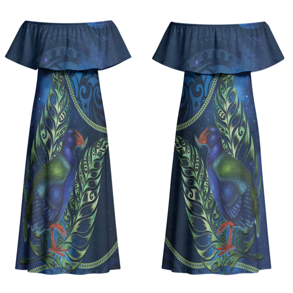 New Zealand Takahe Personalised Couples Matching Off Shoulder Maxi Dress and Long Sleeve Button Shirt Silver Fern Galaxy Polynesian Pattern LT22 - Polynesian Pride