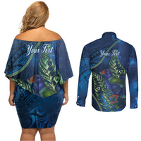 New Zealand Takahe Personalised Couples Matching Off Shoulder Short Dress and Long Sleeve Button Shirt Silver Fern Galaxy Polynesian Pattern