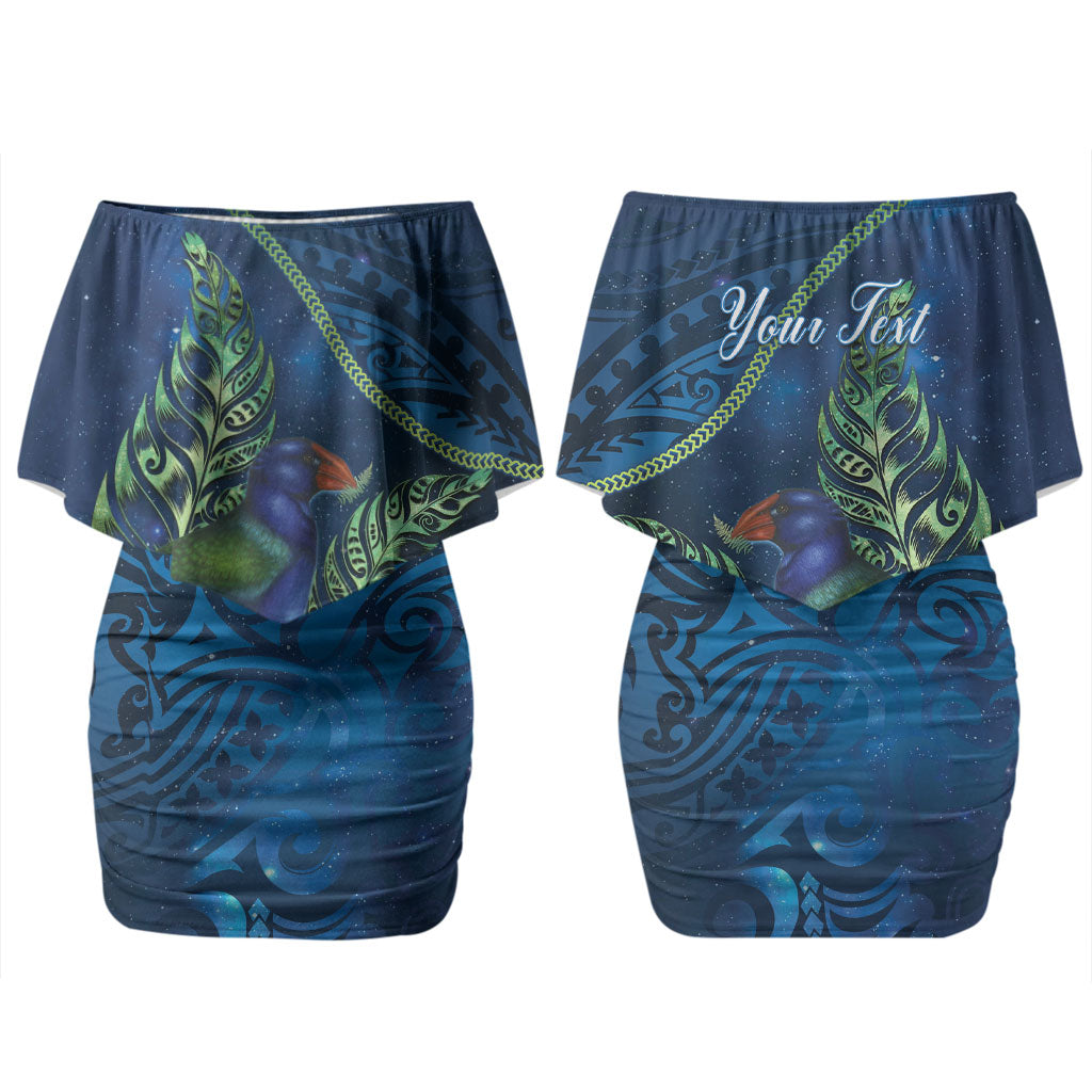 New Zealand Takahe Personalised Couples Matching Off Shoulder Short Dress and Long Sleeve Button Shirt Silver Fern Galaxy Polynesian Pattern LT22 - Polynesian Pride