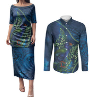 New Zealand Takahe Personalised Couples Matching Puletasi and Long Sleeve Button Shirt Silver Fern Galaxy Polynesian Pattern LT22 Blue - Polynesian Pride