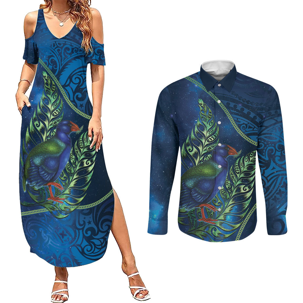 New Zealand Takahe Personalised Couples Matching Summer Maxi Dress and Long Sleeve Button Shirt Silver Fern Galaxy Polynesian Pattern