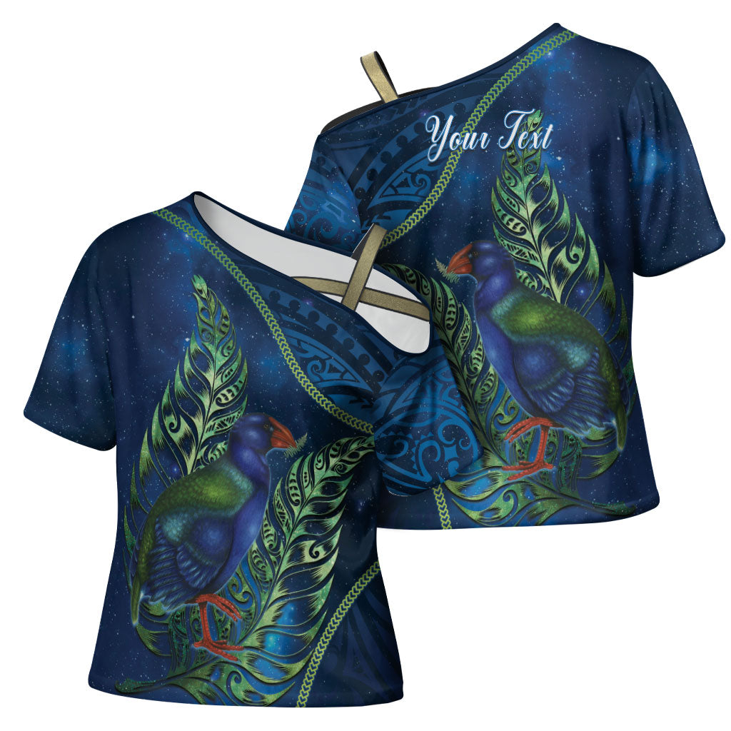 New Zealand Takahe Personalised Cross Shoulder Shirt Silver Fern Galaxy Polynesian Pattern