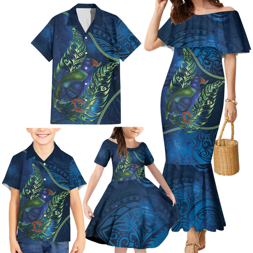 New Zealand Takahe Personalised Family Matching Mermaid Dress and Hawaiian Shirt Silver Fern Galaxy Polynesian Pattern