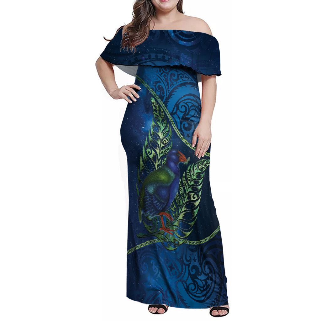 New Zealand Takahe Personalised Family Matching Off Shoulder Maxi Dress and Hawaiian Shirt Silver Fern Galaxy Polynesian Pattern