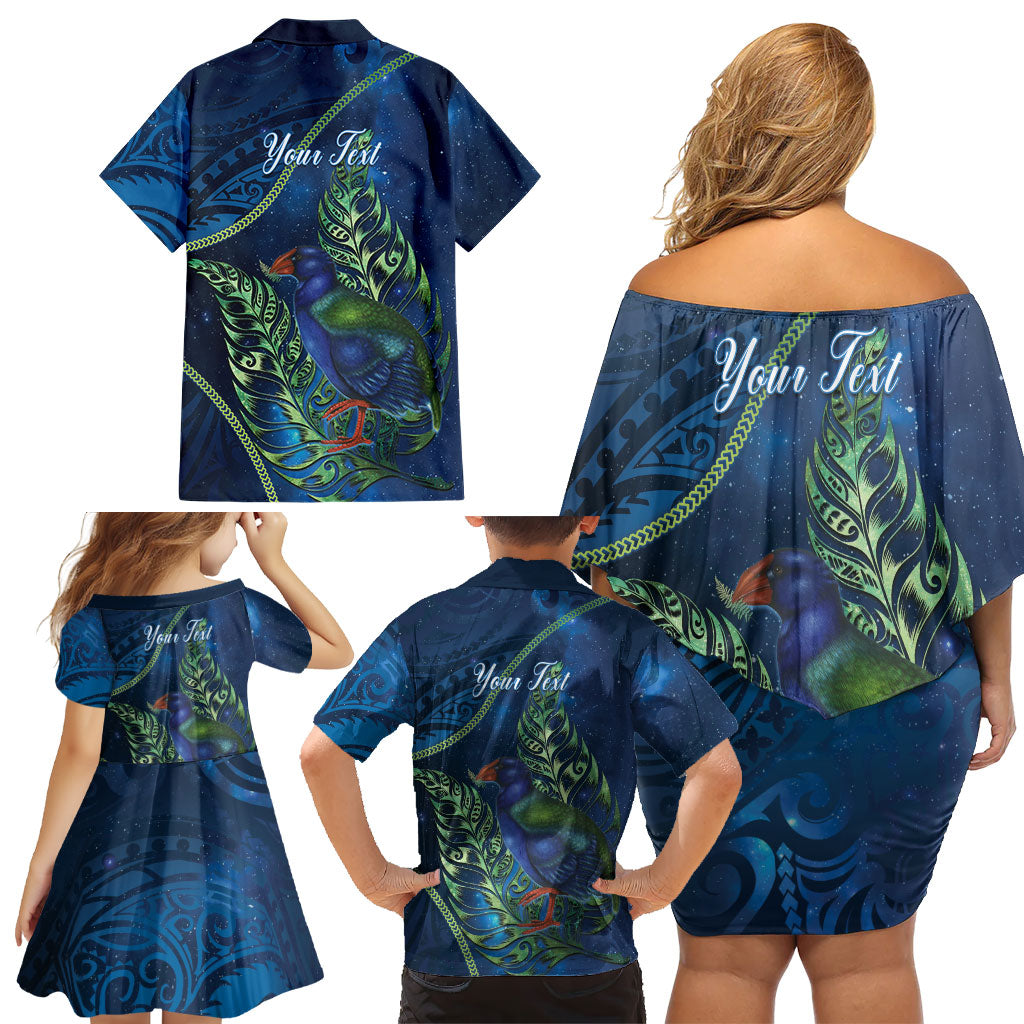 New Zealand Takahe Personalised Family Matching Off Shoulder Short Dress and Hawaiian Shirt Silver Fern Galaxy Polynesian Pattern