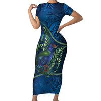 New Zealand Takahe Personalised Family Matching Short Sleeve Bodycon Dress and Hawaiian Shirt Silver Fern Galaxy Polynesian Pattern
