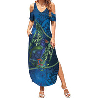 New Zealand Takahe Personalised Family Matching Summer Maxi Dress and Hawaiian Shirt Silver Fern Galaxy Polynesian Pattern