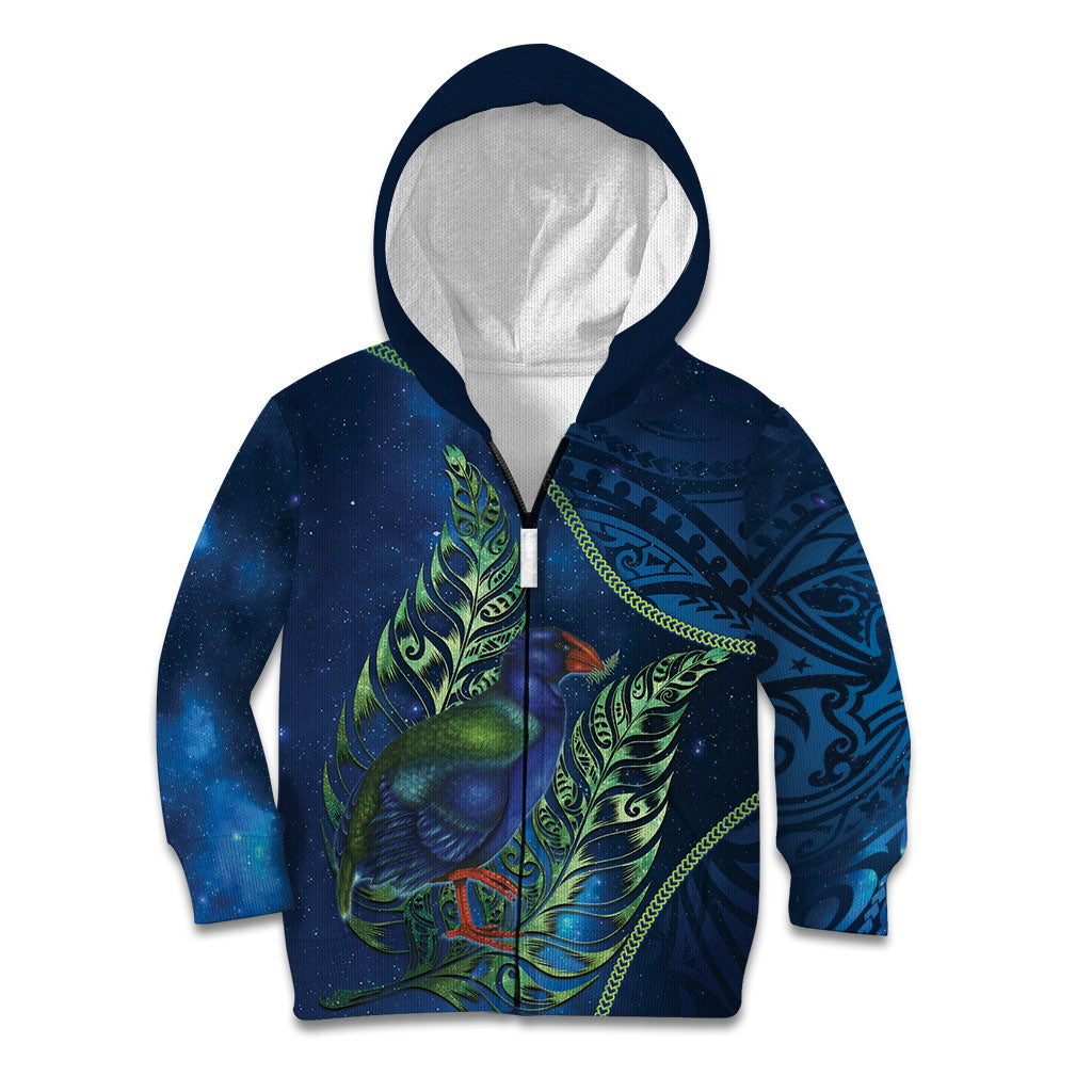 New Zealand Takahe Personalised Kid Hoodie Silver Fern Galaxy Polynesian Pattern