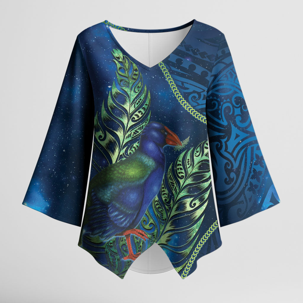 New Zealand Takahe Personalised Kimono Sleeve Blouse Silver Fern Galaxy Polynesian Pattern LT22 Female Blue - Polynesian Pride
